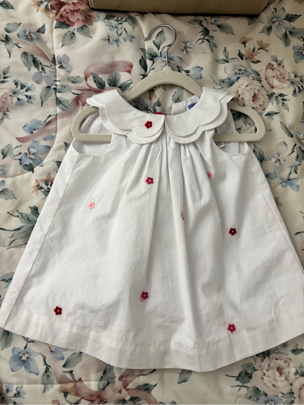 Jacadi Baby Dress with Scalloped Collar and Pink Flower Embroidery